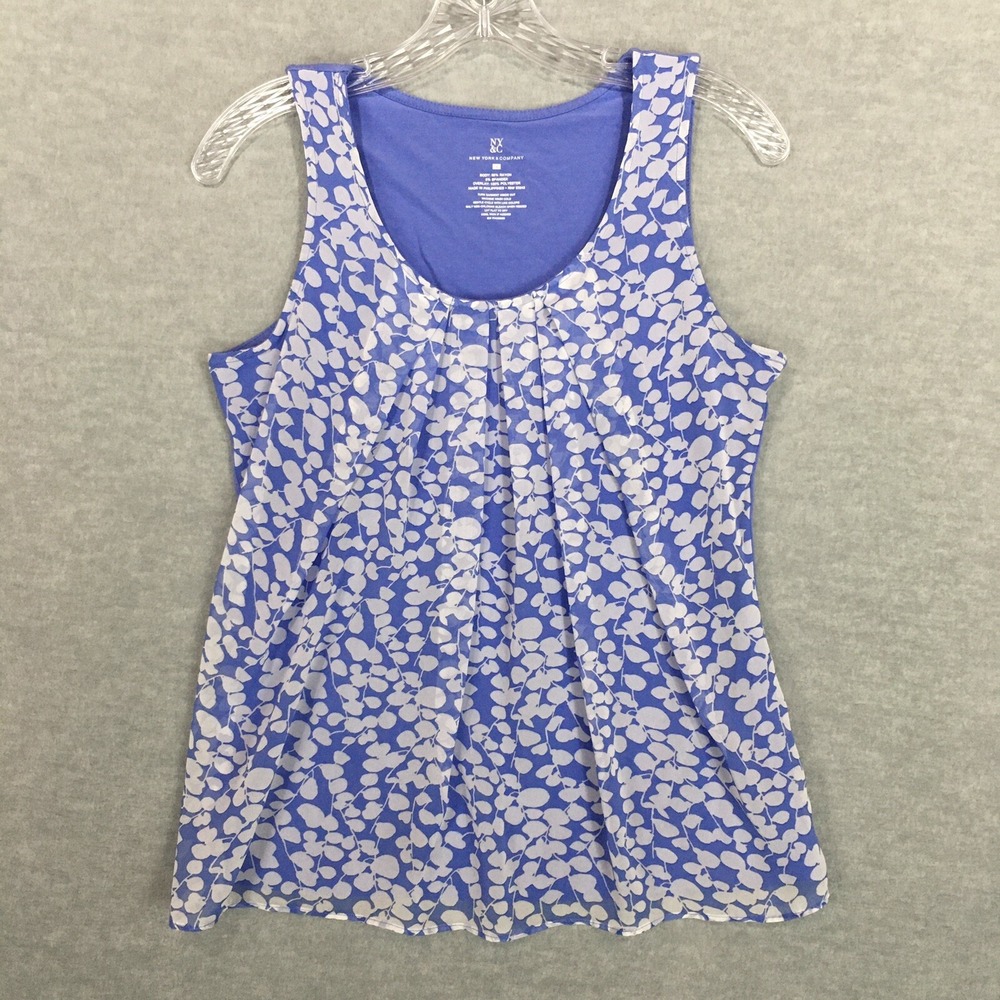 NY&C Small Periwinkle Tank Top Blouse Sheer Overlay Pleated Scoop Neck Career